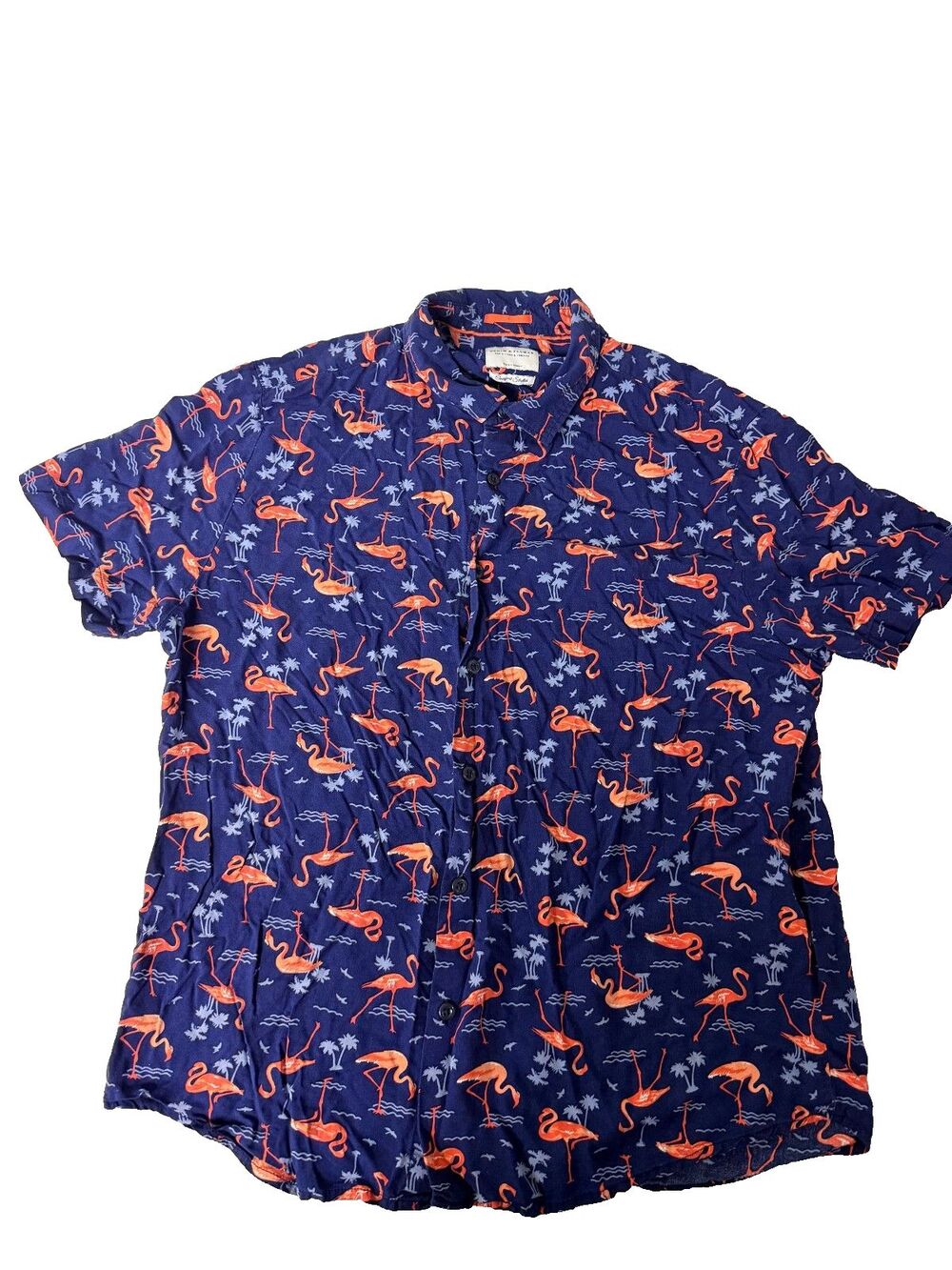 Denim & Flower Ricky Singh Flamingo Shirt Mens L Short Sleeve Button Up